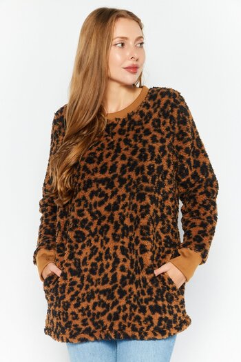 Style & Co Women Round Neck Animal Print Sweater, Brown