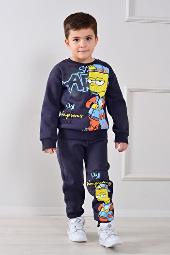 Yağmur Giyim Pjk3İ Simpson Patterned 3-Thread Ribbed 100% Cotton Boys' Tracksuit Set 3-10 Years Old 8263