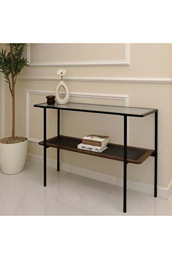 terndat Two-Tier Wooden Entryway Console with Transparent Glass Surface - Luxurious Design