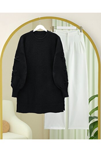Modamorfo Round Neck Soft Knit Sweater with Handle Flower Detail - Black
