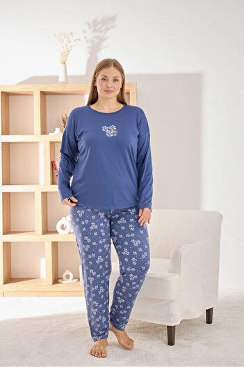 Pijamoni Women's Plus Size Stylish Sofia Fabric Pajama Set - Navy Blue