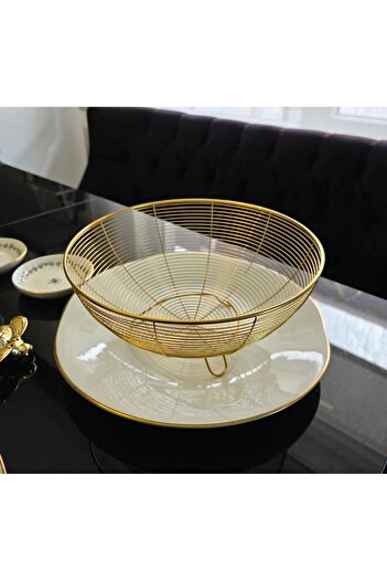 LOVYCO Gold Metal Meyvelik,Tel Sepet Meyvelik , Tezgah Meyve Kasesi 24 Cm