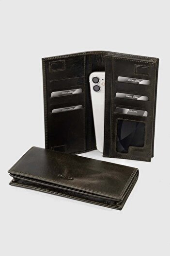 MORCA Genuine Leather Wallet with Phone Compartment, Magnetic and Hand Strap, Unisex Crazy Green