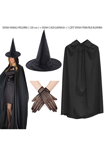 Eco Lounge 120cm Black Collared Witch Cape Witch Hat and 1 Pair Black Short Fishnet All Gloves Set 3 Pieces