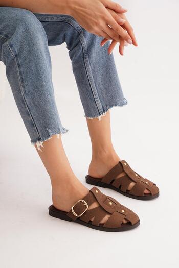 Moda Pie Telga Women's Slippers with Side Buckle and Cage Design, Brown Suede