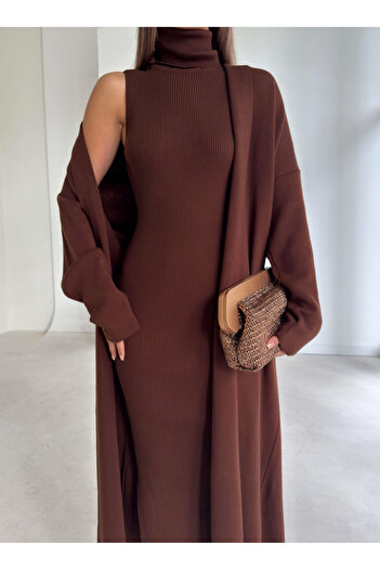 Afiş Butik Brown Knitwear Turtleneck Slit Midi Dress Cardigan
