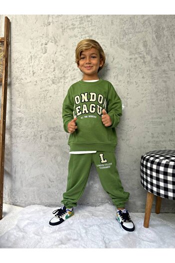 MİO Boys' Cotton Green London Punch Embroidered Sweatshirt Tracksuit Bottom-Top Set