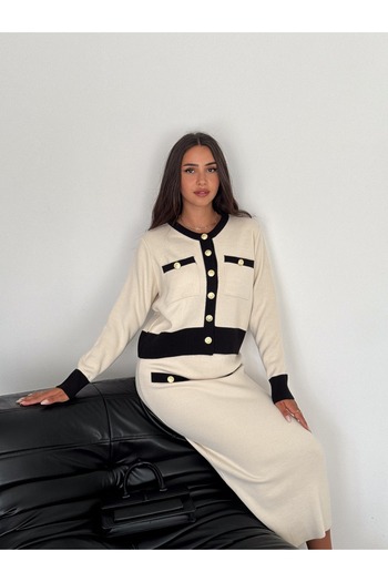 MAXXANA Gold Buttoned and Pocket Detailed Skirted Knitwear Set