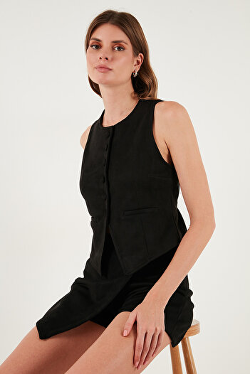 Lela Fitted Fit Crew Neck Buttoned Soft Textured Vest Vest 5866435