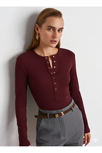 Dilvin 32024 Μπλουζάκι με κουμπωτά κούμπωμα Modal-MIXED Top-DARKRED (Βουργουνδίας)