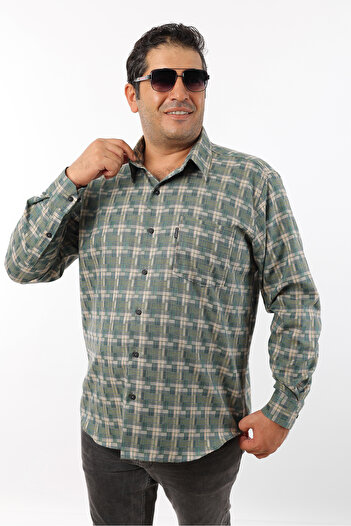 TOUSUS Plus Size Green-Beige Plaid Wool Flannel Men's Shirt (Btl-7111-Tss)