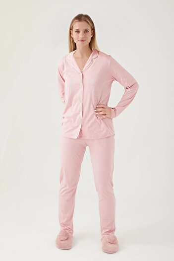 Pierre Cardin 7717 Women's Dusty Rose Long Sleeve Button Front Piping Shirt Pajama Set