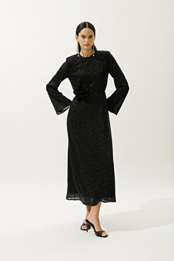 Manuka Shiny Long Sleeve Evening Dress Black