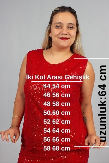 Truva XXL Plus Size Lined Sequin Red Size Sparkling and Stylish Blouse