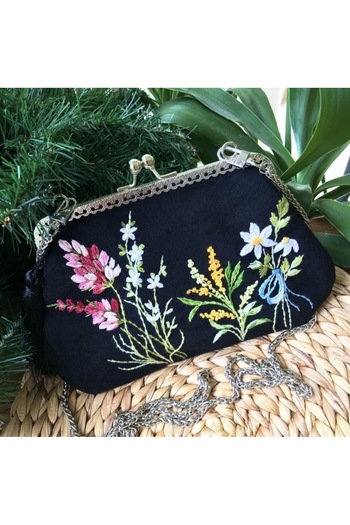 Home Black Linen Hand Embroidered Vintage Style Bag. Silver Color Chain Detailed. 100% Handmade 25X15 Size