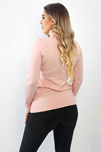 FashionForYou Women's sweater PATY Roll, with rolled collar and trendy accessory, Powder pink, Size S/M