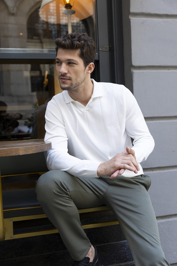 JB John Borners Men's Polo Neck Wide Stripe Knit Sweater White - K-2603