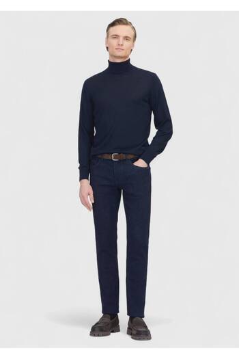 Ramsey Navy Blue Full Turtleneck Plain Knit Wool Blended Sweater Sweater