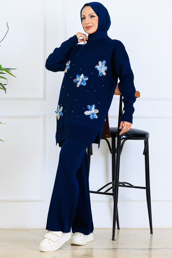 benguen Floral Knitwear Set S1006 Navy Blue