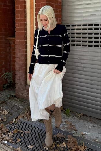 Madmext Navy Blue Striped Women's Knitwear Cardigan Mg2481