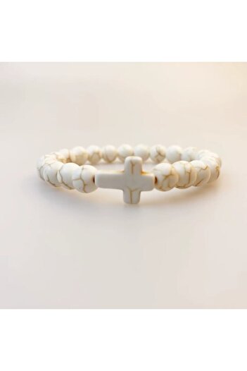 OEM Marble Stone Bracelet with Cross, White, Prayer Jewelry