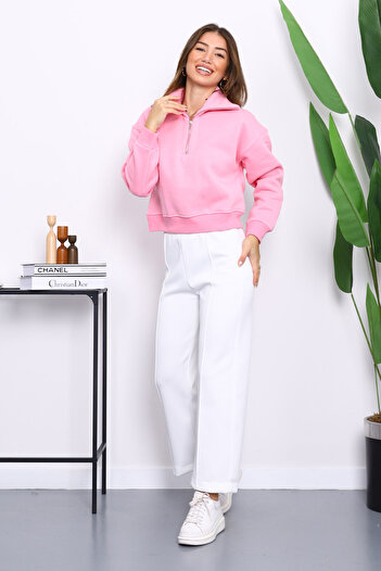 İmajButik Pink Front Zipper Three-Thread Crop Sweat