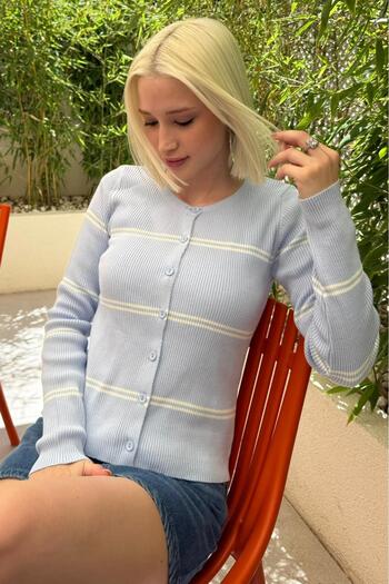 Madmext Blue Striped Women's Knitwear Cardigan Mg2481