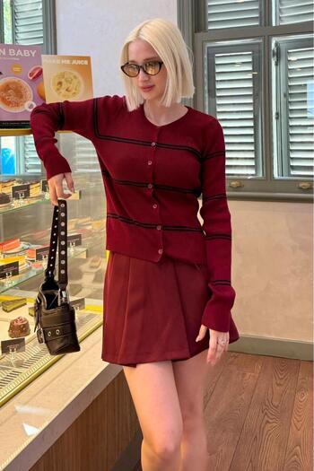 Madmext Burgundy Striped Women's Knitwear Cardigan Mg2481