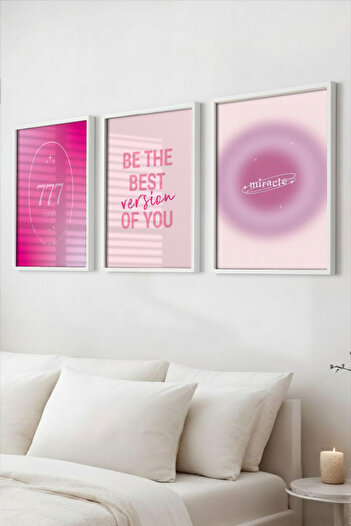 Wooden Factory White Framed Manifest 3-Piece Painting Set Pink Motivational Wall Decor