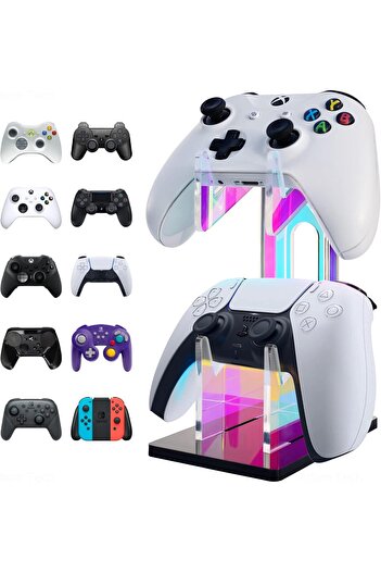 NiHome Universal Two-Tier Acrylic Gaming Headset and Controller Stand in Rainbow Colors for PlayStation 5,