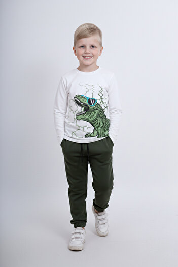 panios kids Dinosaur Printed Detailed Elasticated Legs Boys' Top and Bottom Set