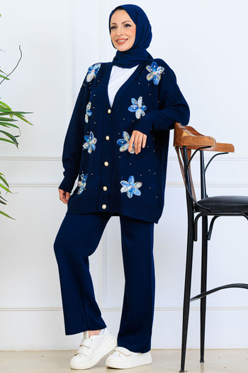 benguen Floral Knitwear Cardigan Set S1001 Navy Blue