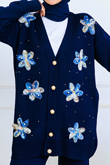 benguen Floral Knitwear Cardigan Set S1001 Navy Blue