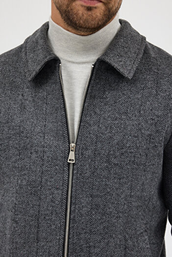 Frappoli Batista Men's Black-Grey Short Cashmere Coat with Zipper Hem and Ribbed-Elasticated