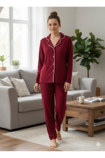 FAMES PİJAMA Women's Burgundy Buttoned Pajama Set