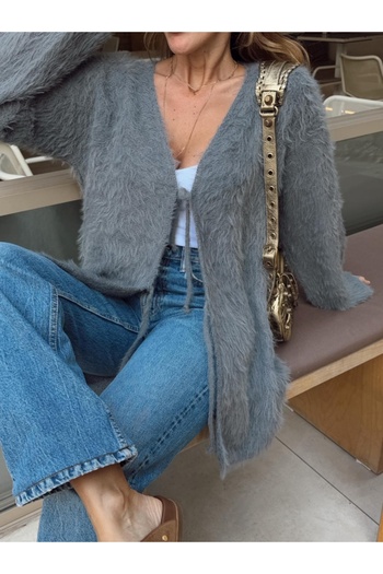 Elif Özbey Butik Gray Plush Soft Textured Tie-Up Long Knitwear Cardigan