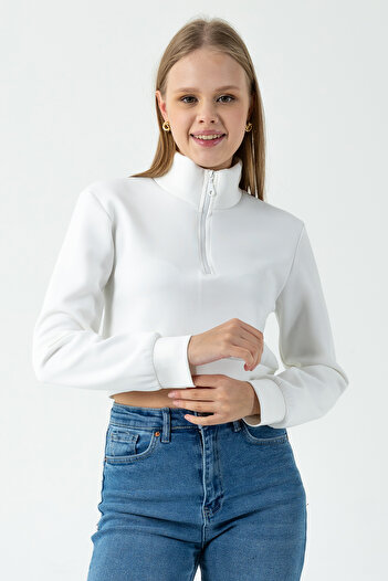GİYSA Women's Stand Collar Half Zipper Long Sleeve Sweatshirt White - 2534