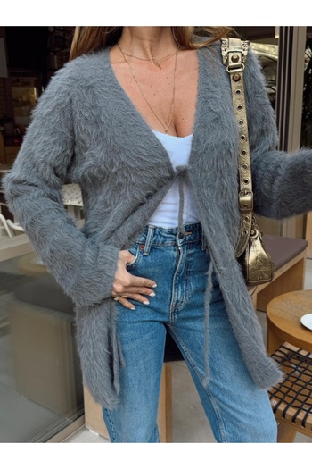 Elif Özbey Butik Gray Plush Soft Textured Tie-Up Long Knitwear Cardigan