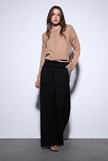 Antioch Black Belted Pleated Wide Leg Women's Trousers