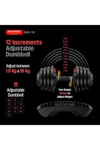Sparnod Fitness SAD-18 Adjustable Dumbbell 18kg, 12 Weight Levels, Quick Adjust, Safety Lock & Base