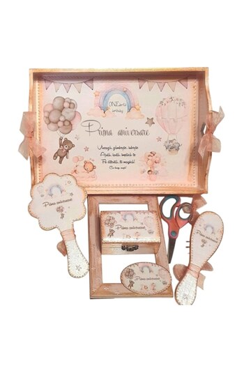 mixartstudiobym Set tray for hair cutting for girls, balloon animal theme, rainbow, vintage feel, 6 hand-decorated p