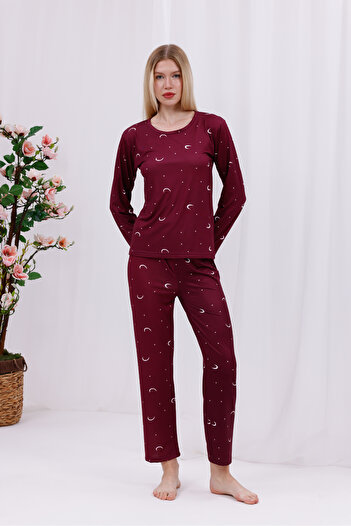 Arvin Pijama Women's Burgundy Moon and Star Printed Soft Textured Long Sleeve Knitted Pajama Set