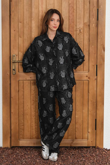 GİYSA Women's Patterned Shirt Pant Set Black - 26K 6024