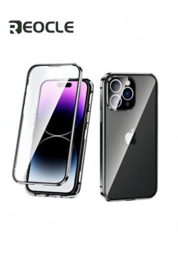 REOCLE Case for iPhone 14 Double Side Buckle Glass Case Full Body Protective Metal Bumper Anti Peep Cover