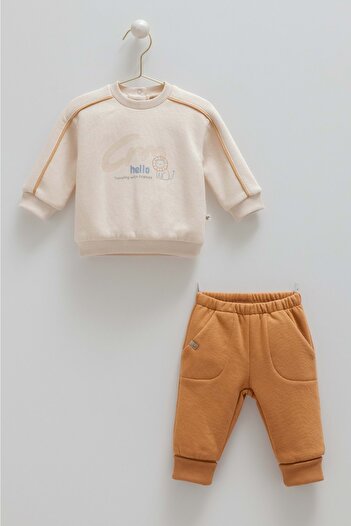 RYZE ÇOCUK Animals World Hello Printed Bottom and Top Set Beige