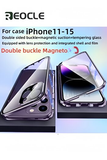 REOCLE Case for iPhone 14 Double Side Buckle Glass Case Full Body Protective Metal Bumper Anti Peep Cover