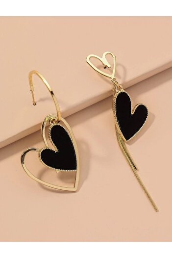 Inovius Long gold earrings with black heart