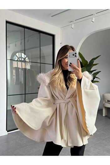 VESS MODA Fur Detailed Belted Cashmere Poncho