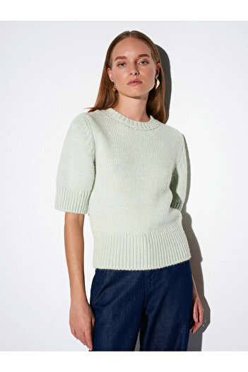 Dilvin 10821 Crew Neck Short Sleeve Knitwear Sweater-Mint