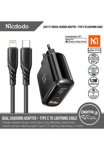Mcdodo LCH-7171 Charger iPhone Digital Display Dual Output Fast 20W plus USB C to Lightning PD Cable